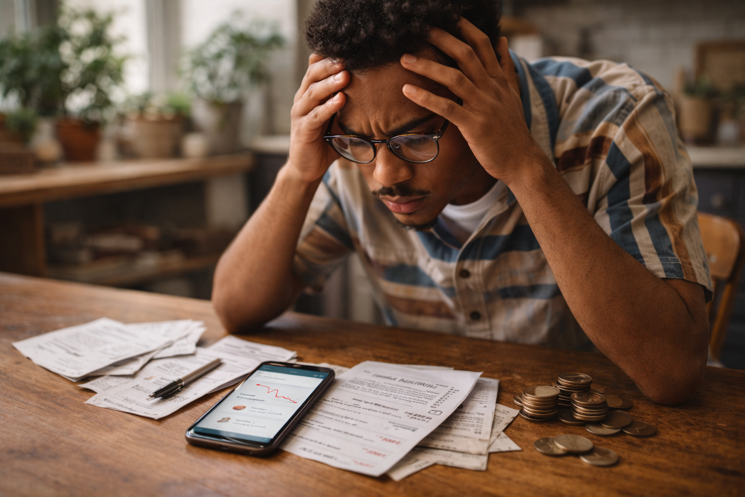 Person stressed looking at falling stock market on phone